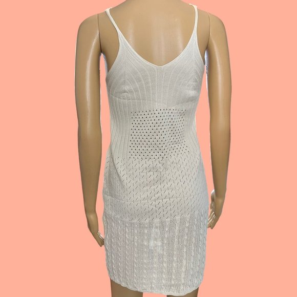Womens Ribbed Beach Slip Dress Large L Ivory Crochet Stretch Knee Length Eyelet - Picture 3 of 11